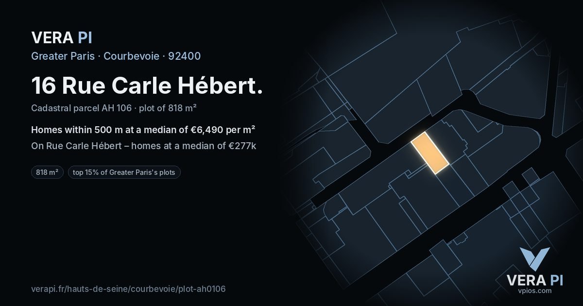 16 Rue Carle Hébert, Courbevoie at night – the plot lit, the parcels around coloured by the prices near them