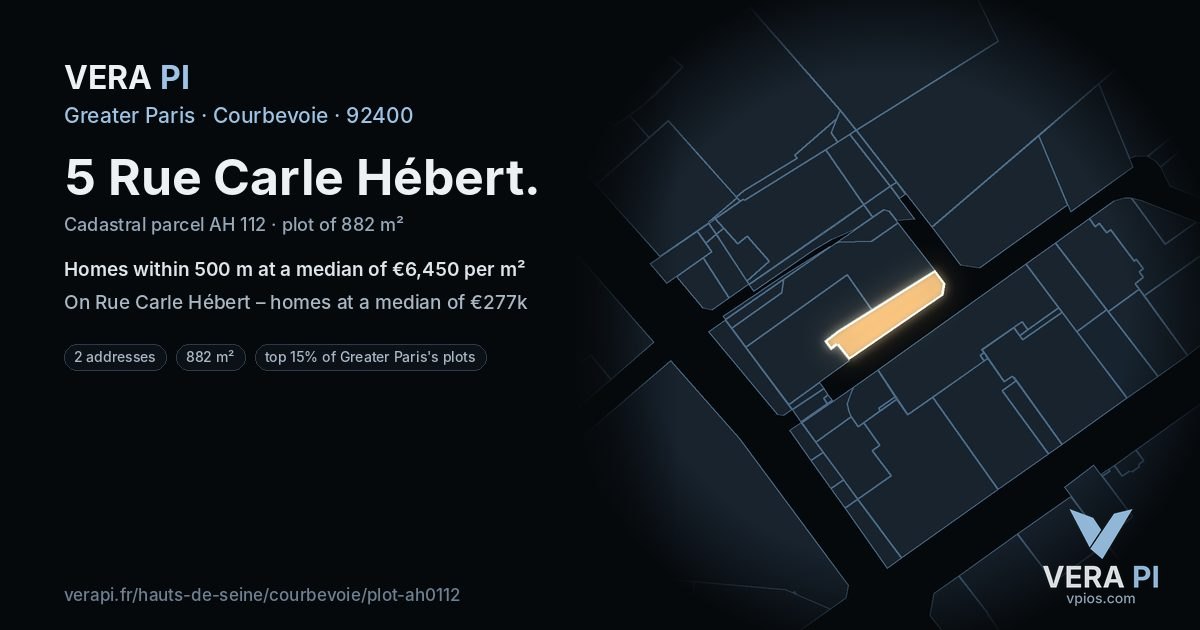 5 Rue Carle Hébert, Courbevoie at night – the plot lit, the parcels around coloured by the prices near them