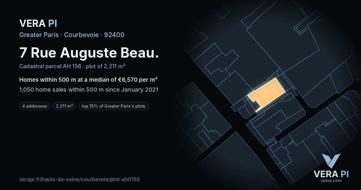 7 Rue Auguste Beau, Courbevoie at night – the plot lit, the parcels around coloured by the prices near them