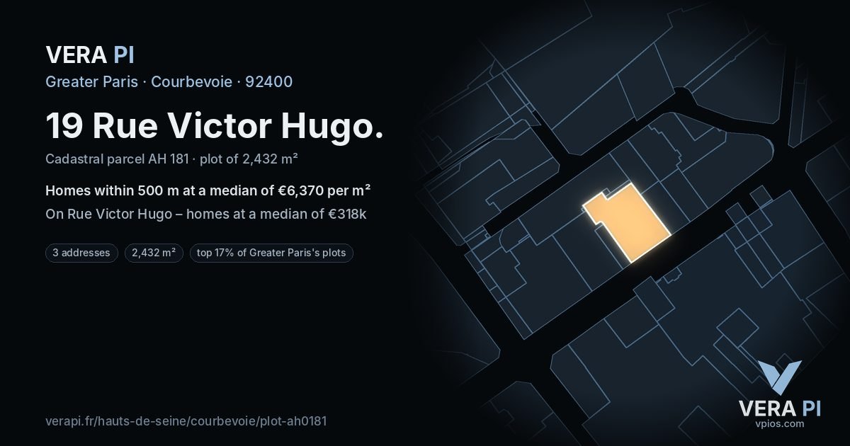 19 Rue Victor Hugo, Courbevoie at night – the plot lit, the parcels around coloured by the prices near them