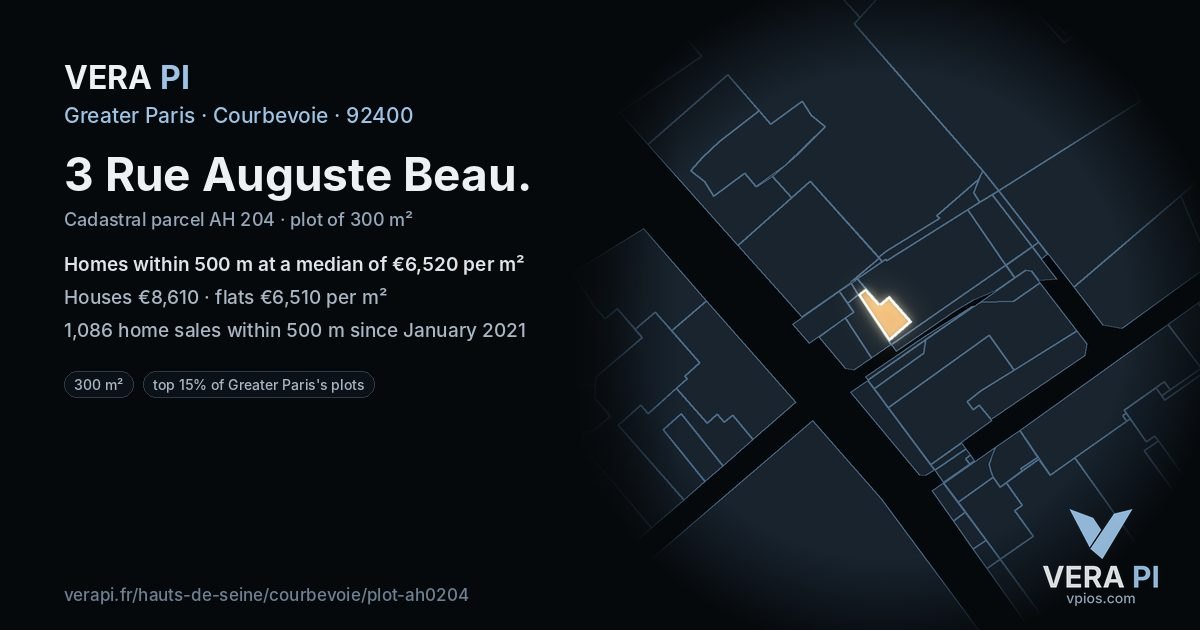 3 Rue Auguste Beau, Courbevoie at night – the plot lit, the parcels around coloured by the prices near them