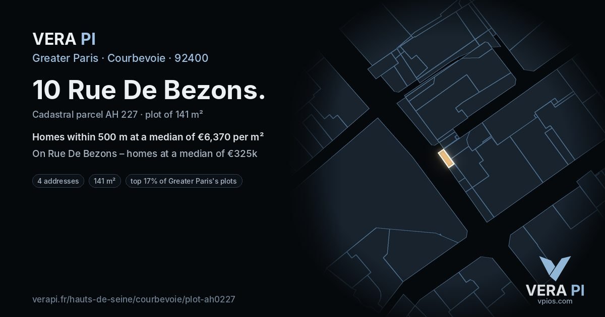 10 Rue De Bezons, Courbevoie at night – the plot lit, the parcels around coloured by the prices near them