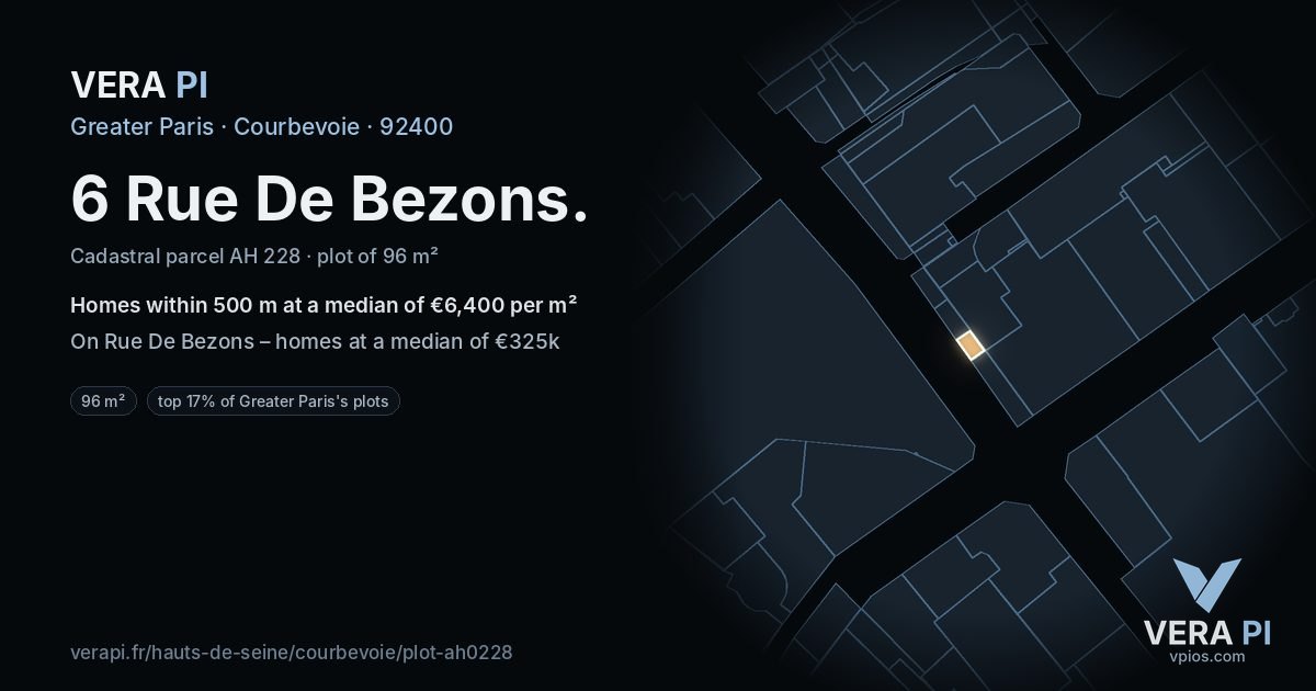 6 Rue De Bezons, Courbevoie at night – the plot lit, the parcels around coloured by the prices near them