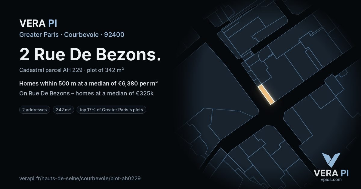 2 Rue De Bezons, Courbevoie at night – the plot lit, the parcels around coloured by the prices near them