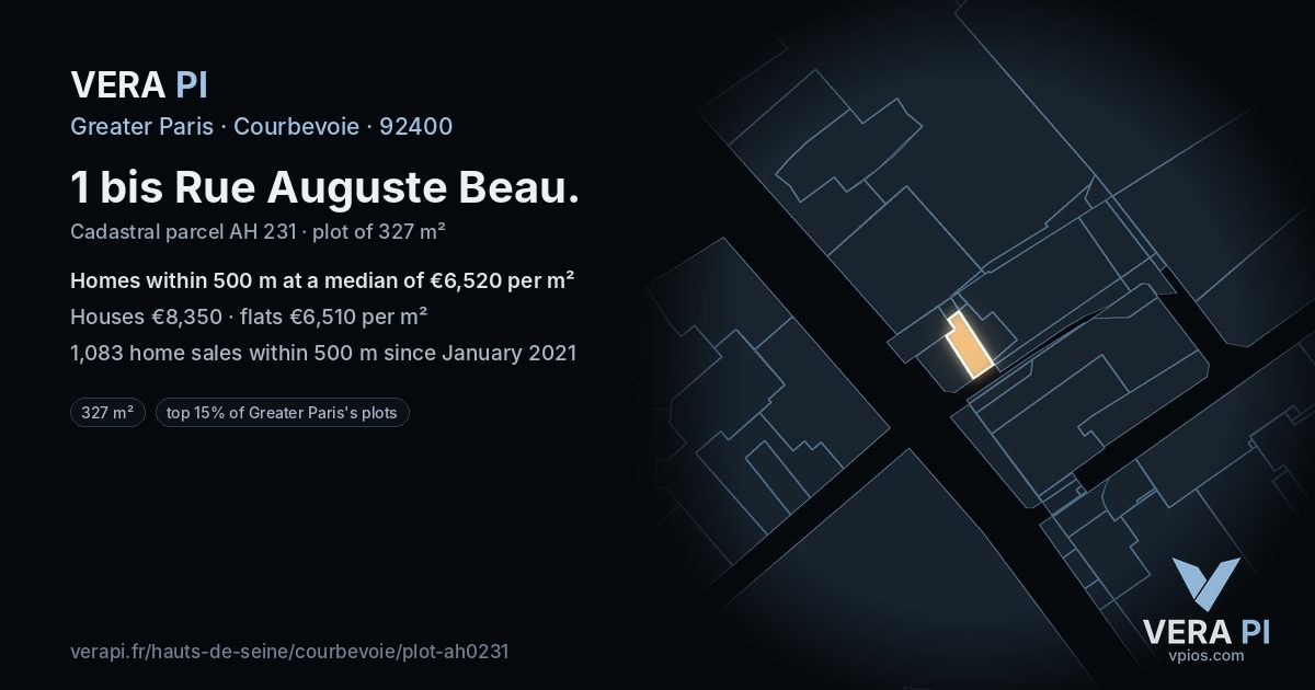 1 bis Rue Auguste Beau, Courbevoie at night – the plot lit, the parcels around coloured by the prices near them