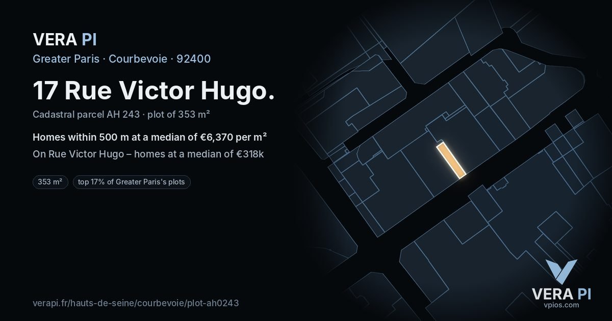 17 Rue Victor Hugo, Courbevoie at night – the plot lit, the parcels around coloured by the prices near them
