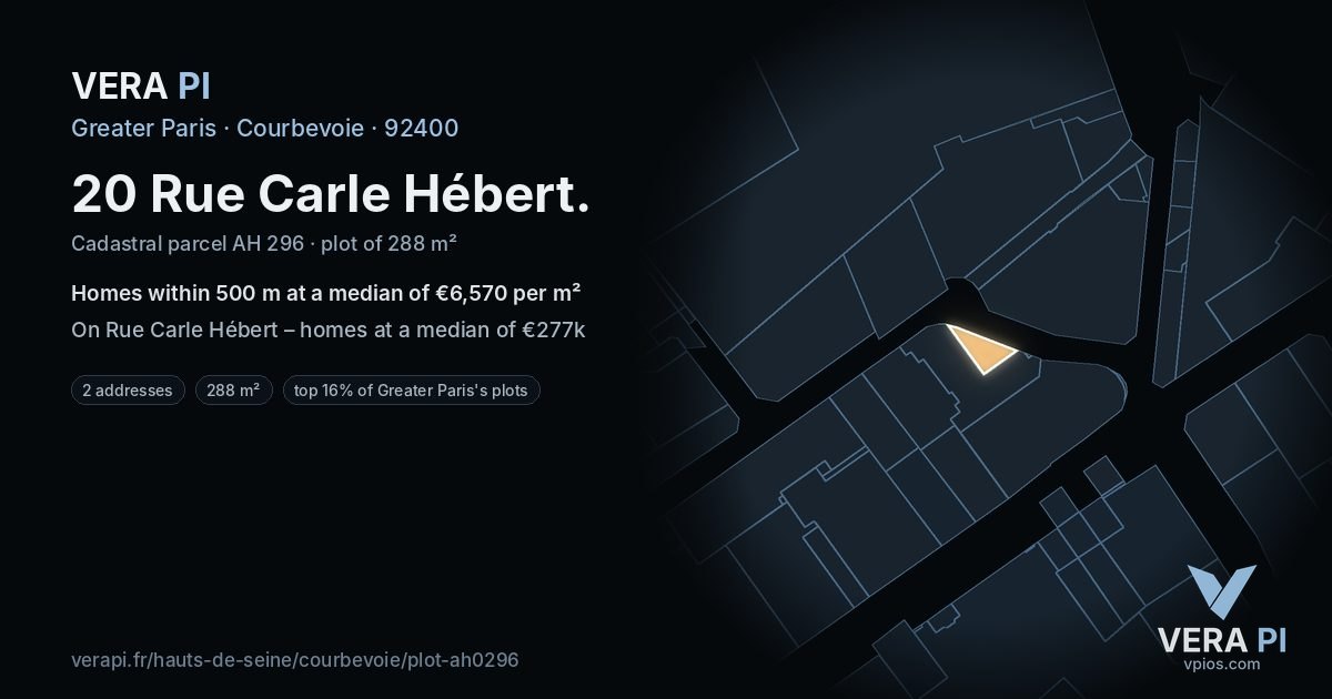20 Rue Carle Hébert, Courbevoie at night – the plot lit, the parcels around coloured by the prices near them