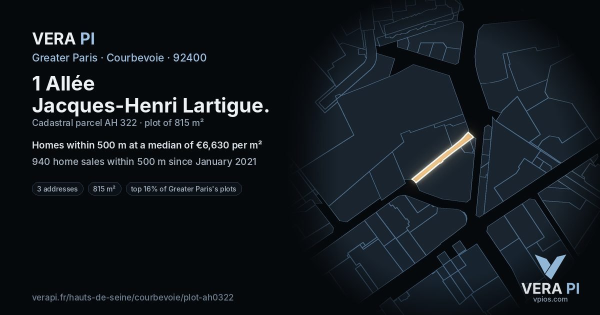 1 Allée Jacques-Henri Lartigue, Courbevoie at night – the plot lit, the parcels around coloured by the prices near them
