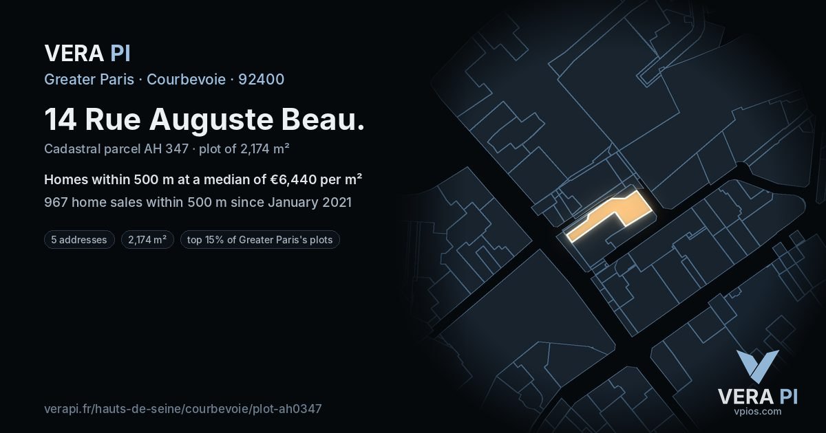 14 Rue Auguste Beau, Courbevoie at night – the plot lit, the parcels around coloured by the prices near them