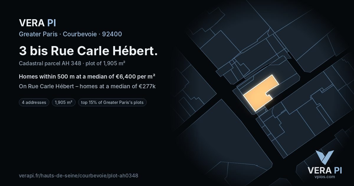 3 bis Rue Carle Hébert, Courbevoie at night – the plot lit, the parcels around coloured by the prices near them