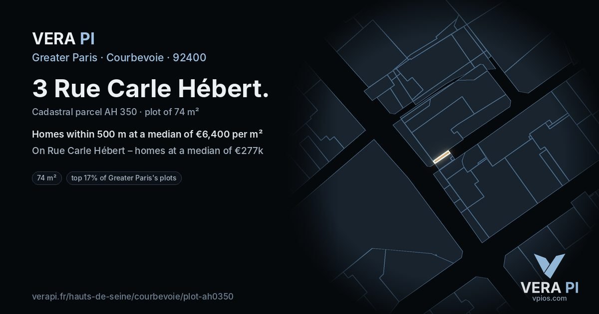 3 Rue Carle Hébert, Courbevoie at night – the plot lit, the parcels around coloured by the prices near them