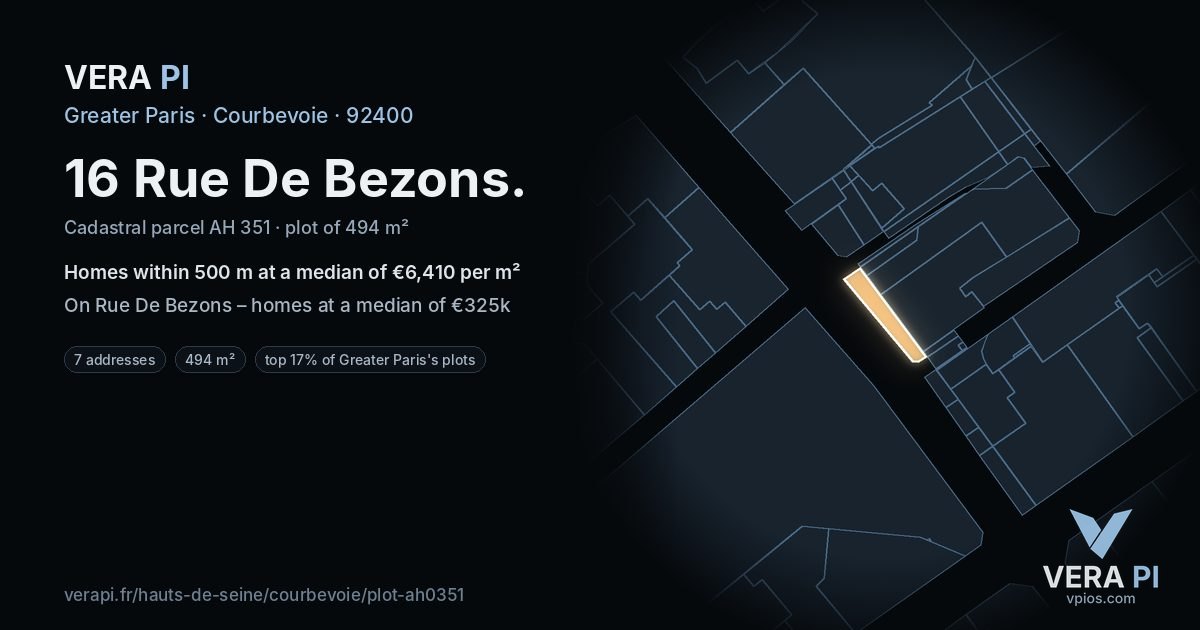 16 Rue De Bezons, Courbevoie at night – the plot lit, the parcels around coloured by the prices near them