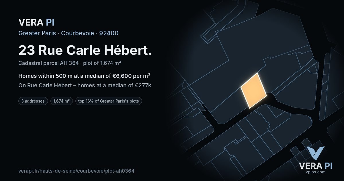 23 Rue Carle Hébert, Courbevoie at night – the plot lit, the parcels around coloured by the prices near them