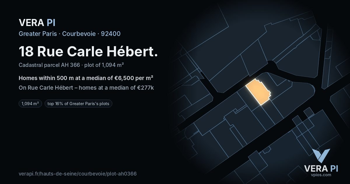 18 Rue Carle Hébert, Courbevoie at night – the plot lit, the parcels around coloured by the prices near them