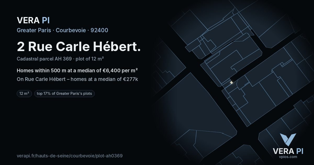 2 Rue Carle Hébert, Courbevoie at night – the plot lit, the parcels around coloured by the prices near them