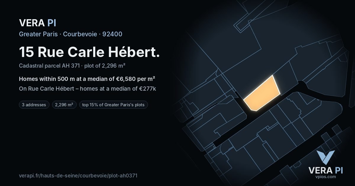 15 Rue Carle Hébert, Courbevoie at night – the plot lit, the parcels around coloured by the prices near them