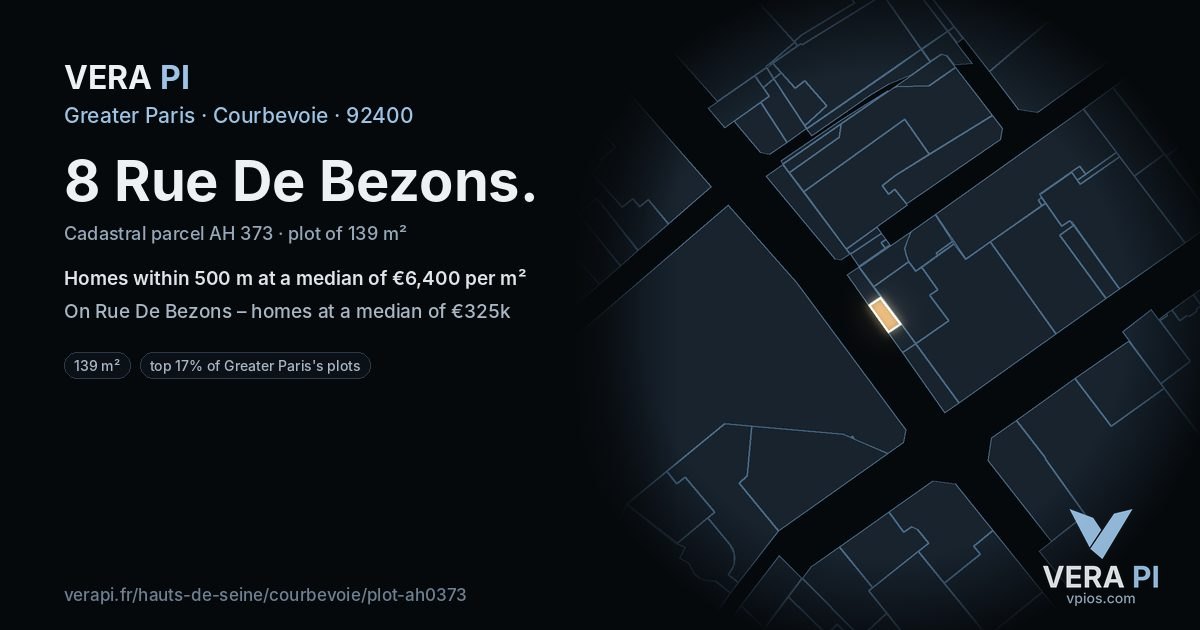 8 Rue De Bezons, Courbevoie at night – the plot lit, the parcels around coloured by the prices near them