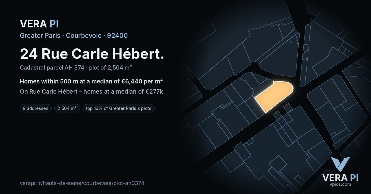 24 Rue Carle Hébert, Courbevoie at night – the plot lit, the parcels around coloured by the prices near them