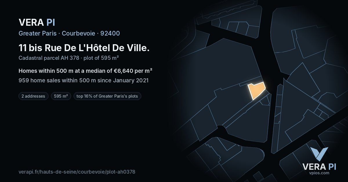 11 bis Rue De L'Hôtel De Ville, Courbevoie at night – the plot lit, the parcels around coloured by the prices near them
