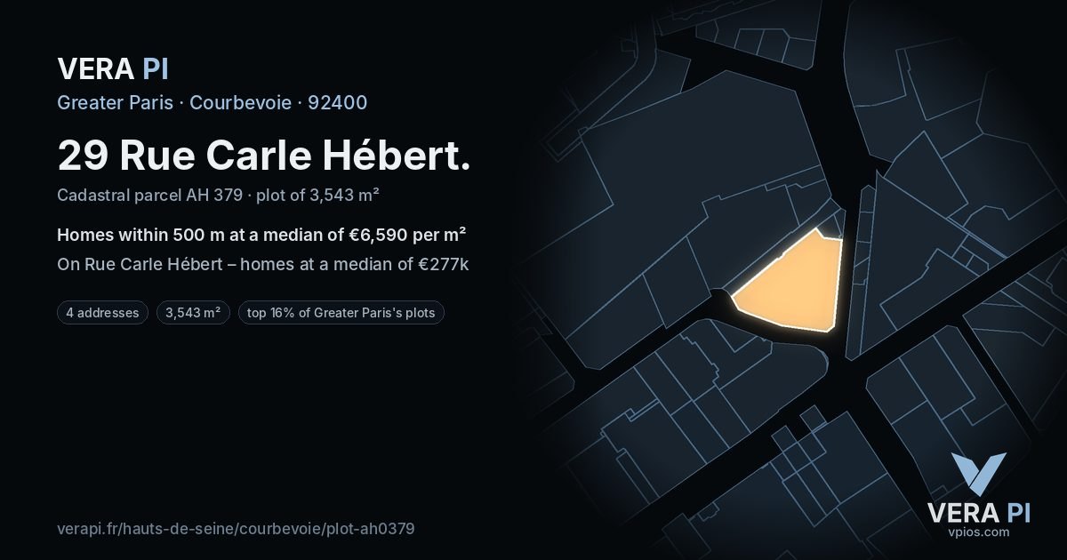 29 Rue Carle Hébert, Courbevoie at night – the plot lit, the parcels around coloured by the prices near them