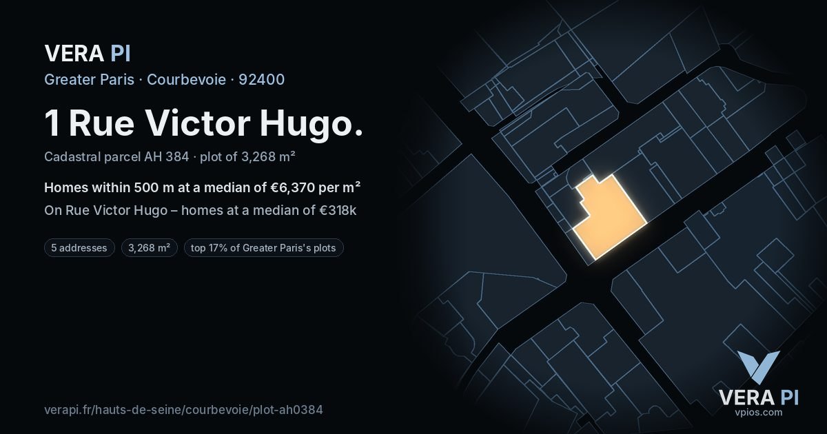 1 Rue Victor Hugo, Courbevoie at night – the plot lit, the parcels around coloured by the prices near them