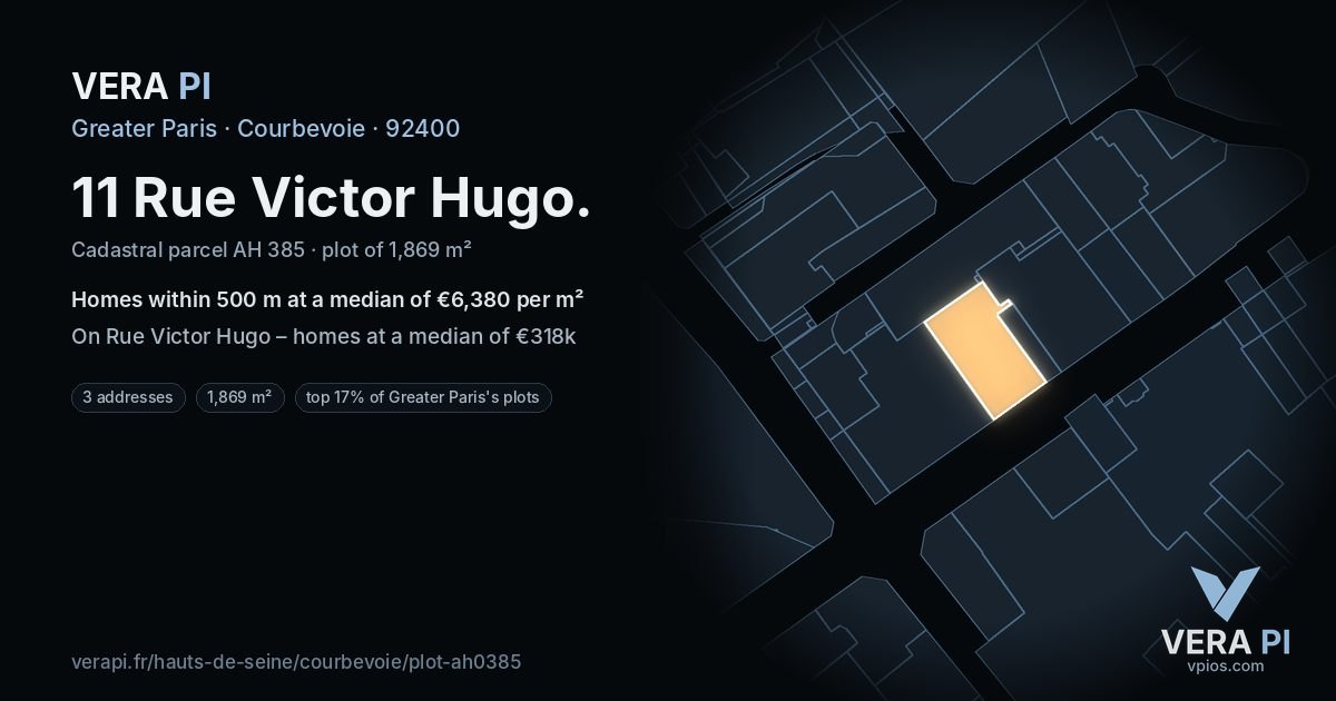 11 Rue Victor Hugo, Courbevoie at night – the plot lit, the parcels around coloured by the prices near them