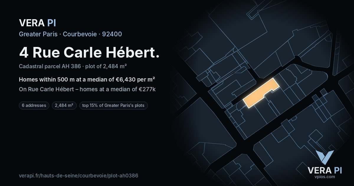 4 Rue Carle Hébert, Courbevoie at night – the plot lit, the parcels around coloured by the prices near them