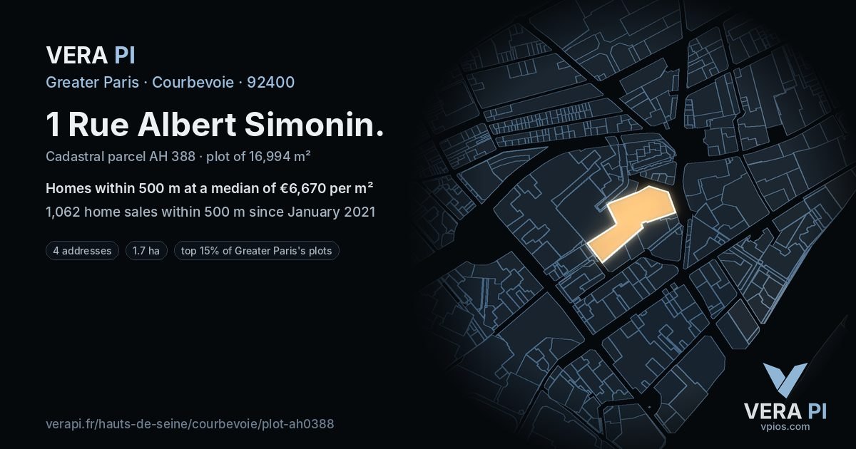 1 Rue Albert Simonin, Courbevoie at night – the plot lit, the parcels around coloured by the prices near them
