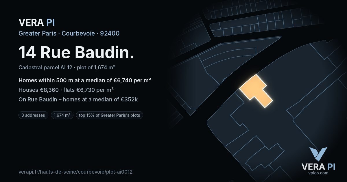 14 Rue Baudin, Courbevoie at night – the plot lit, the parcels around coloured by the prices near them