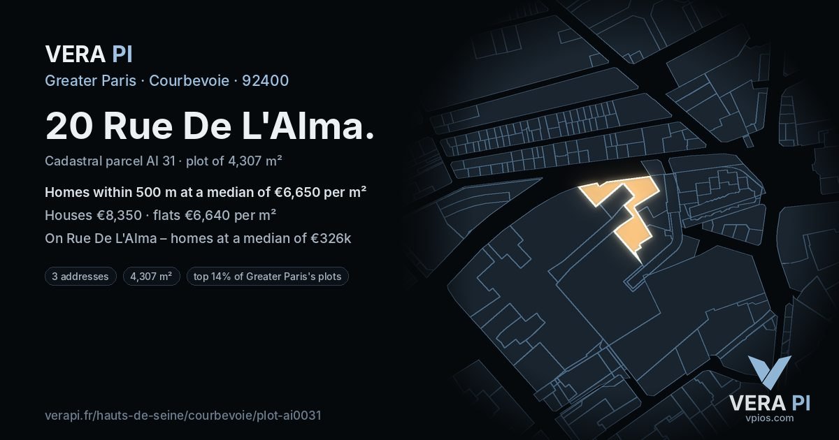 20 Rue De L'Alma, Courbevoie at night – the plot lit, the parcels around coloured by the prices near them