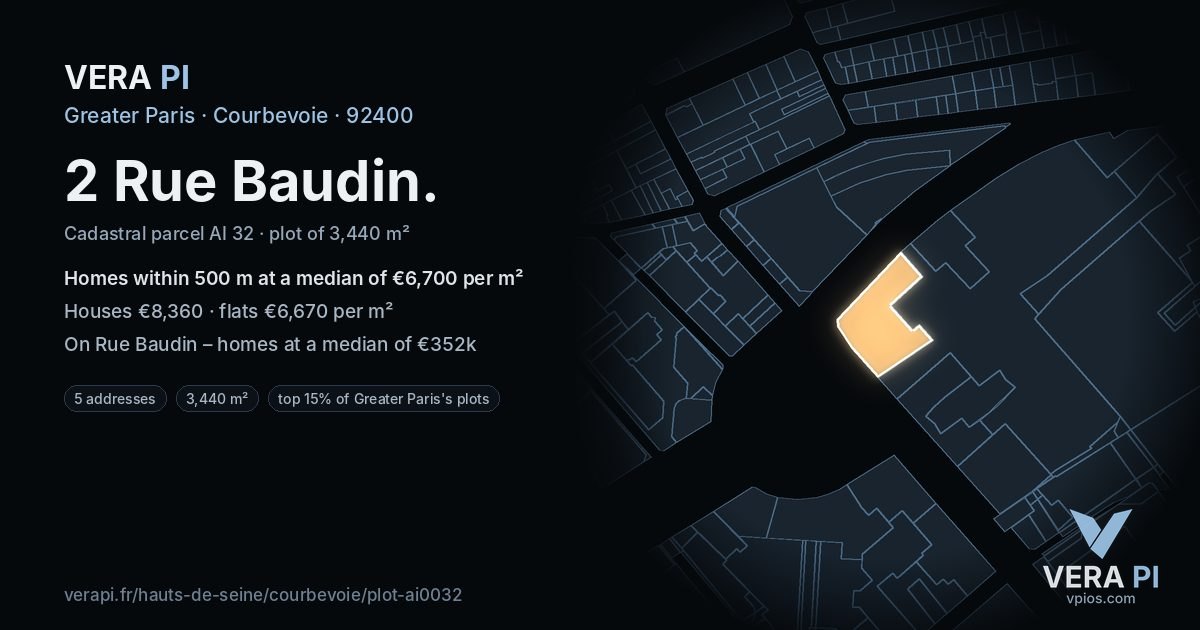 2 Rue Baudin, Courbevoie at night – the plot lit, the parcels around coloured by the prices near them