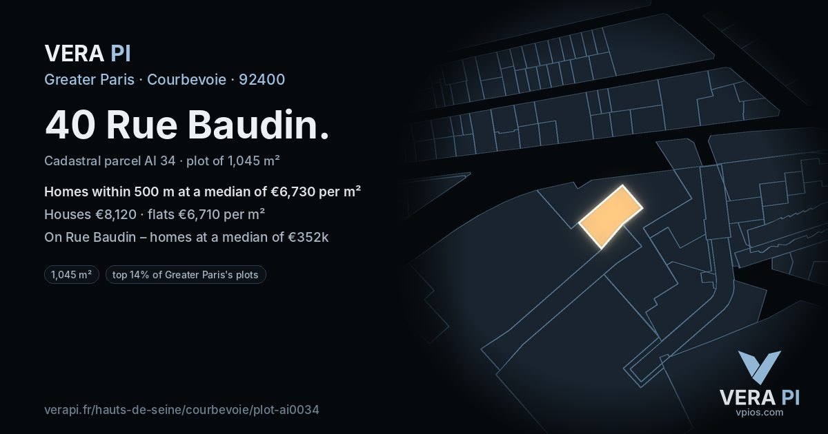 40 Rue Baudin, Courbevoie at night – the plot lit, the parcels around coloured by the prices near them