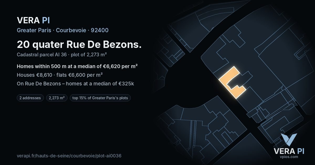 20 quater Rue De Bezons, Courbevoie at night – the plot lit, the parcels around coloured by the prices near them