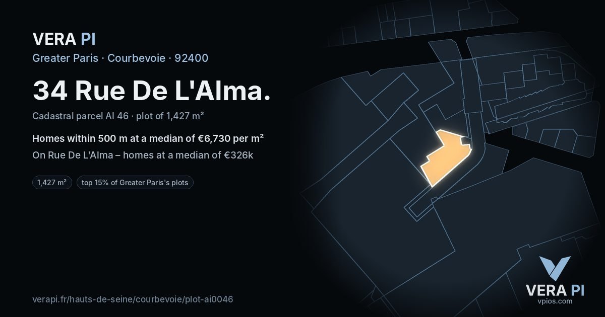 34 Rue De L'Alma, Courbevoie at night – the plot lit, the parcels around coloured by the prices near them