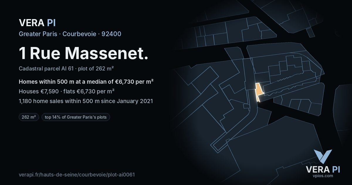 1 Rue Massenet, Courbevoie at night – the plot lit, the parcels around coloured by the prices near them