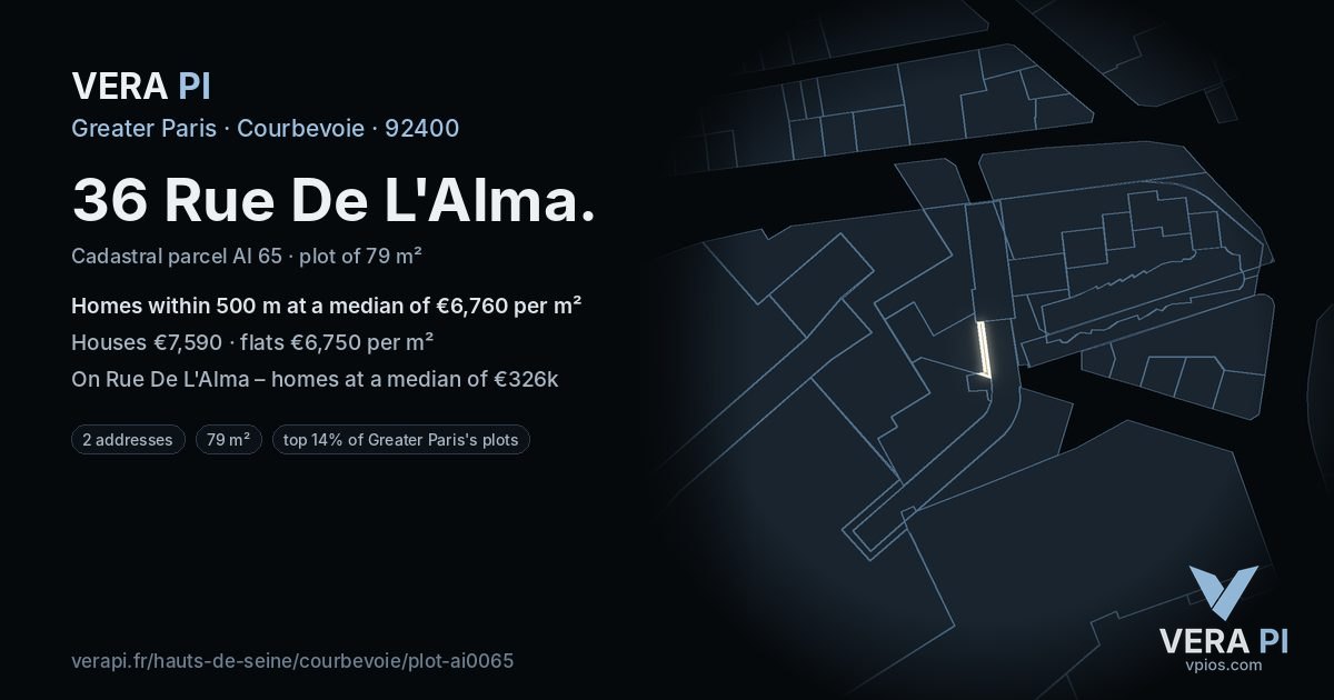 36 Rue De L'Alma, Courbevoie at night – the plot lit, the parcels around coloured by the prices near them