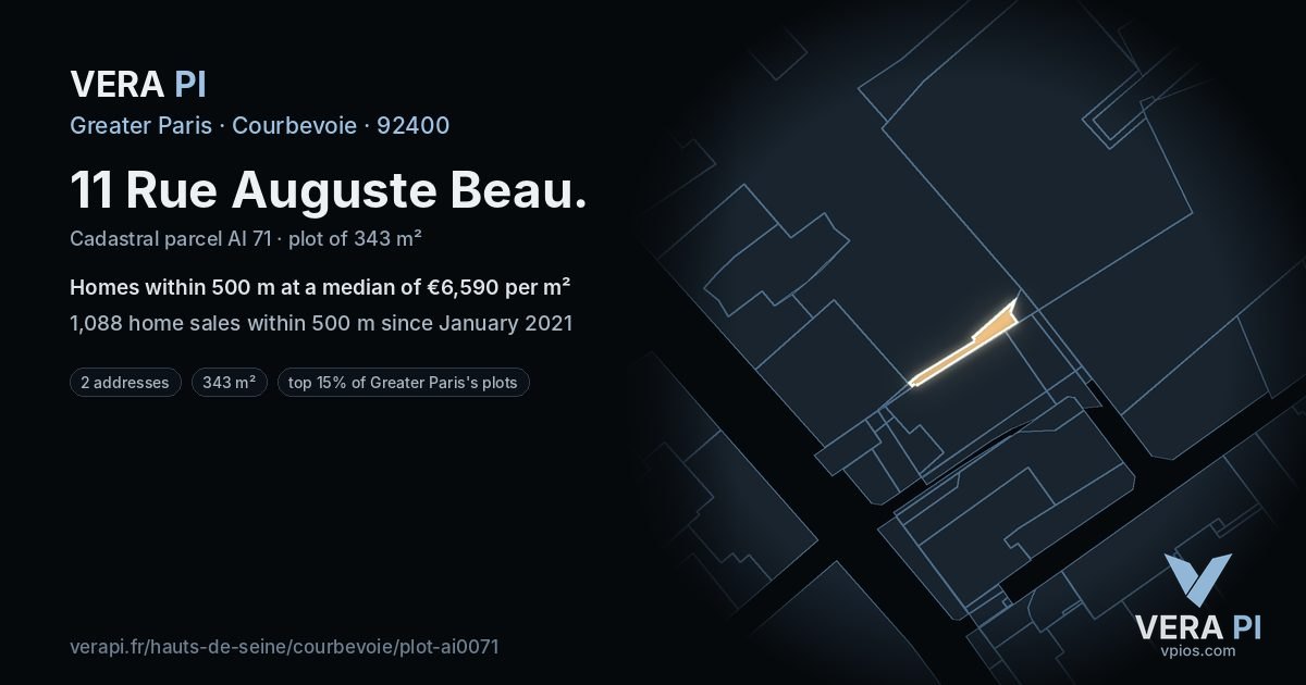 11 Rue Auguste Beau, Courbevoie at night – the plot lit, the parcels around coloured by the prices near them