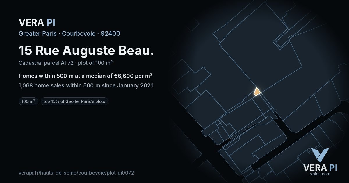 15 Rue Auguste Beau, Courbevoie at night – the plot lit, the parcels around coloured by the prices near them