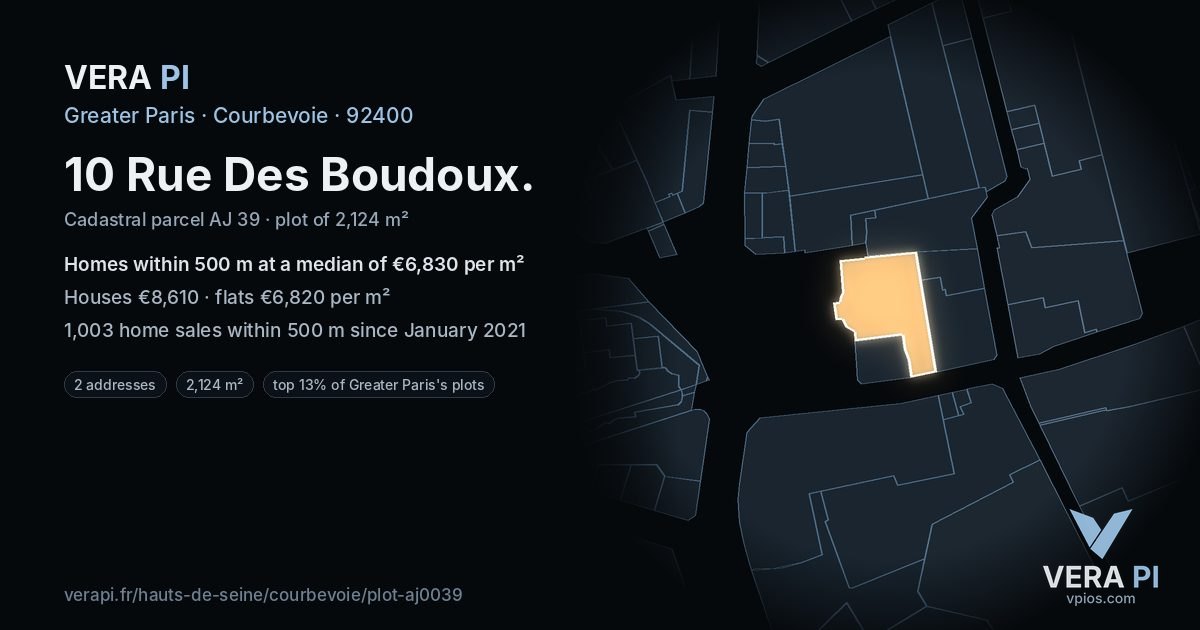 10 Rue Des Boudoux, Courbevoie at night – the plot lit, the parcels around coloured by the prices near them