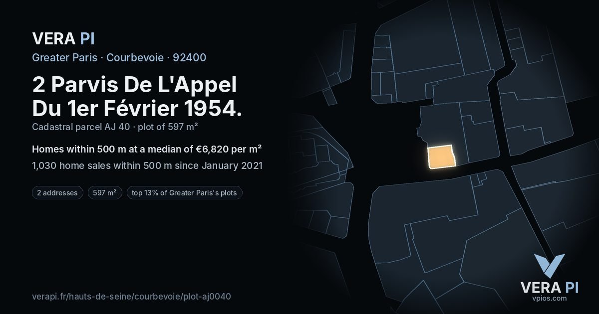 2 Parvis De L'Appel Du 1er Février 1954, Courbevoie at night – the plot lit, the parcels around coloured by the prices near them