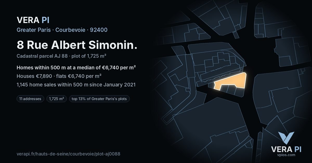 8 Rue Albert Simonin, Courbevoie at night – the plot lit, the parcels around coloured by the prices near them