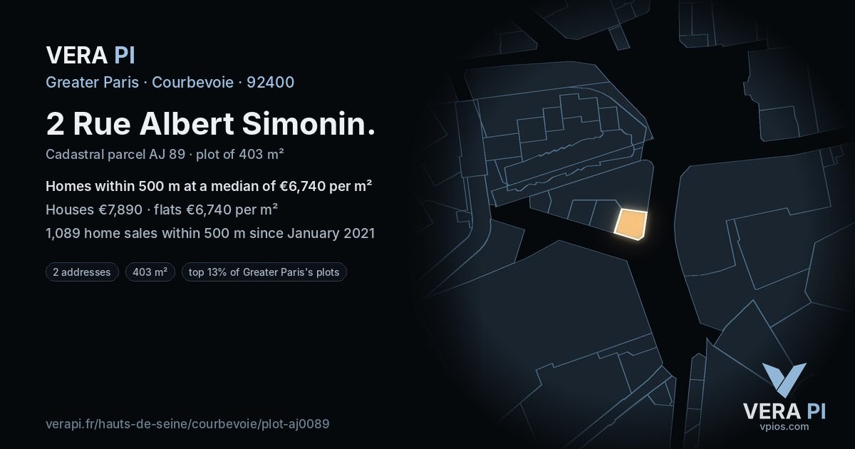 2 Rue Albert Simonin, Courbevoie at night – the plot lit, the parcels around coloured by the prices near them