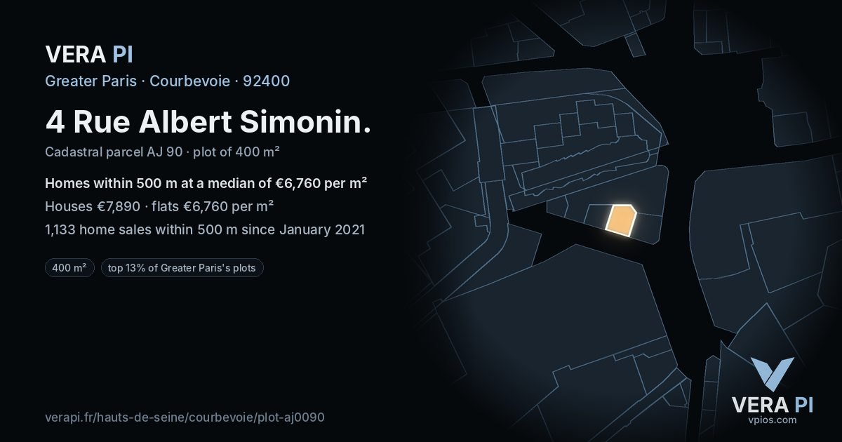 4 Rue Albert Simonin, Courbevoie at night – the plot lit, the parcels around coloured by the prices near them