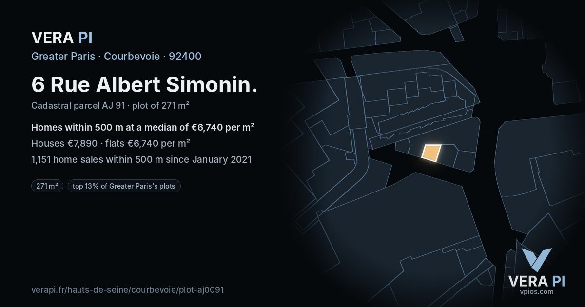 6 Rue Albert Simonin, Courbevoie at night – the plot lit, the parcels around coloured by the prices near them