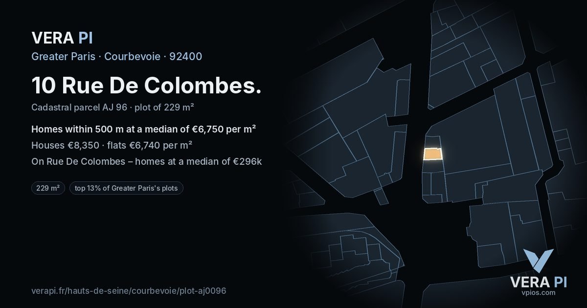 10 Rue De Colombes, Courbevoie at night – the plot lit, the parcels around coloured by the prices near them