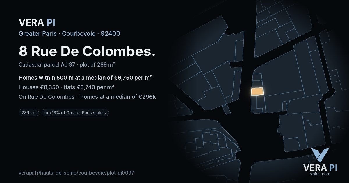 8 Rue De Colombes, Courbevoie at night – the plot lit, the parcels around coloured by the prices near them
