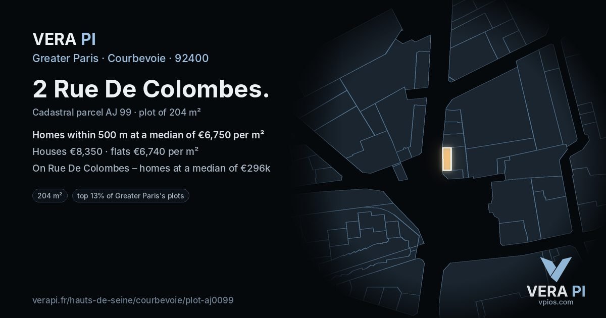 2 Rue De Colombes, Courbevoie at night – the plot lit, the parcels around coloured by the prices near them
