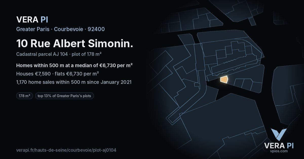 10 Rue Albert Simonin, Courbevoie at night – the plot lit, the parcels around coloured by the prices near them
