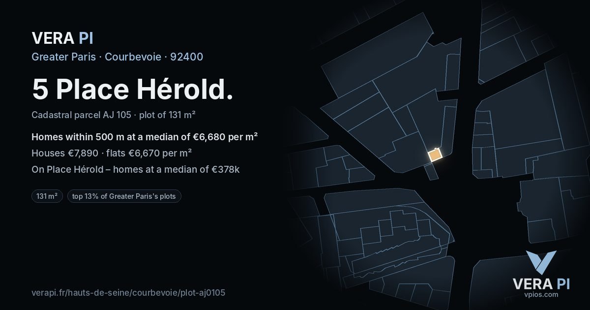 5 Place Hérold, Courbevoie at night – the plot lit, the parcels around coloured by the prices near them