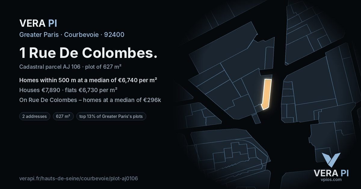 1 Rue De Colombes, Courbevoie at night – the plot lit, the parcels around coloured by the prices near them